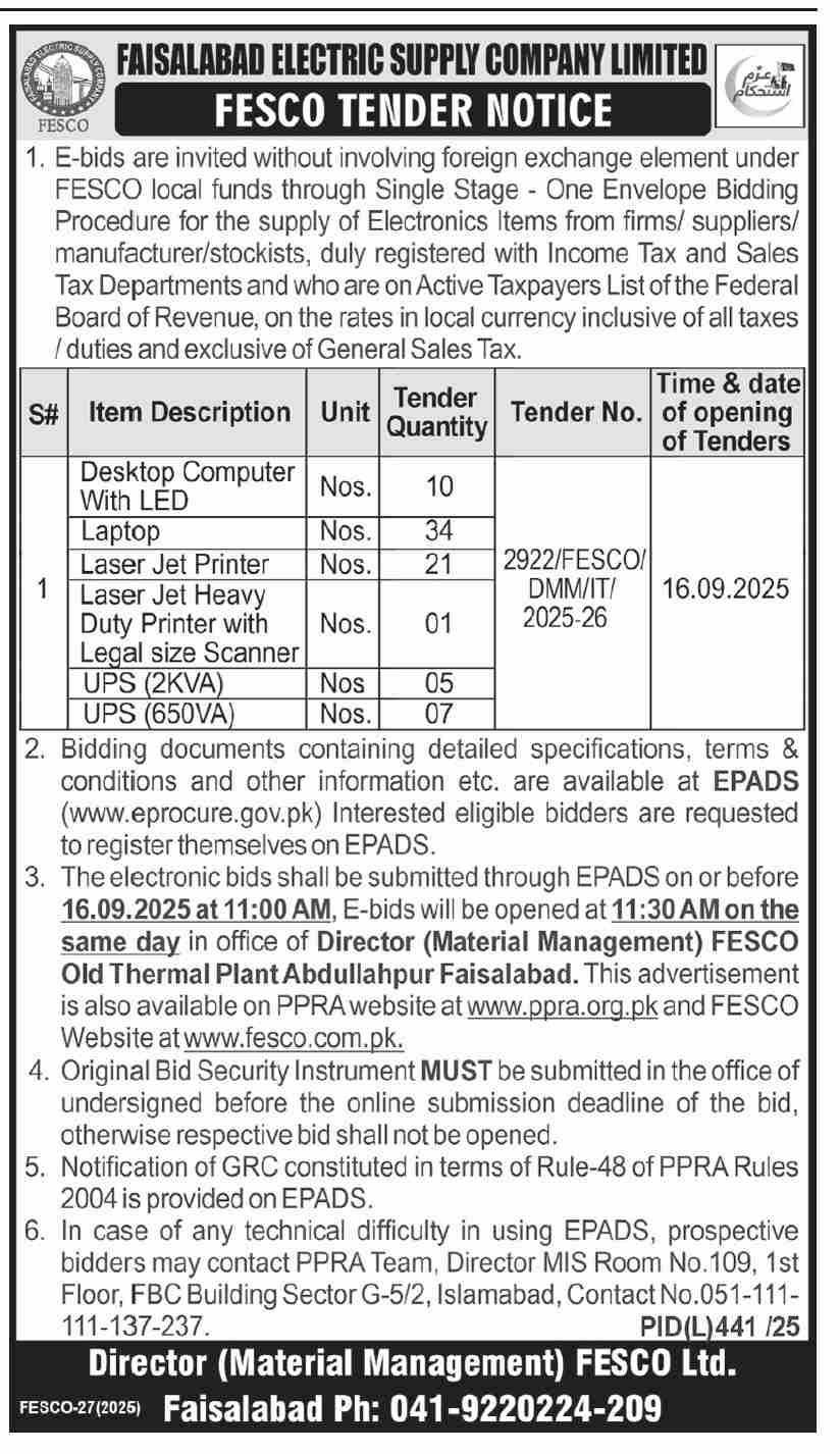 FESCO Faisalabad Tender Notice